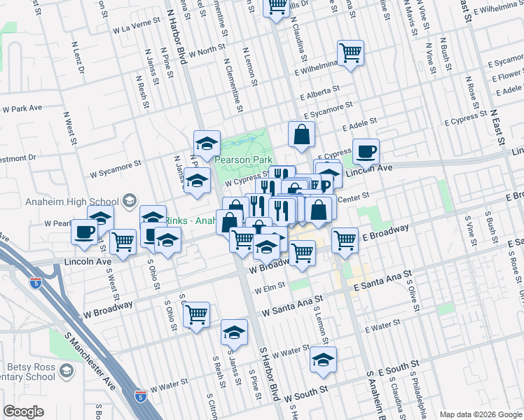 map of restaurants, bars, coffee shops, grocery stores, and more near 303 West Lincoln Avenue in Anaheim