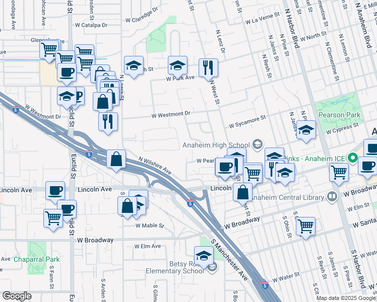 map of restaurants, bars, coffee shops, grocery stores, and more near 319 North Dwyer Place in Anaheim