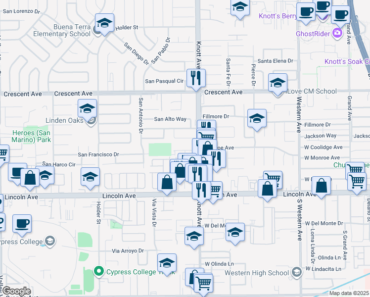 map of restaurants, bars, coffee shops, grocery stores, and more near 6891 Younger Drive in Buena Park