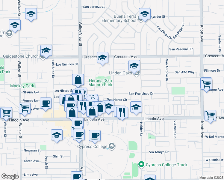map of restaurants, bars, coffee shops, grocery stores, and more near 8738 Hoffman Street in Buena Park