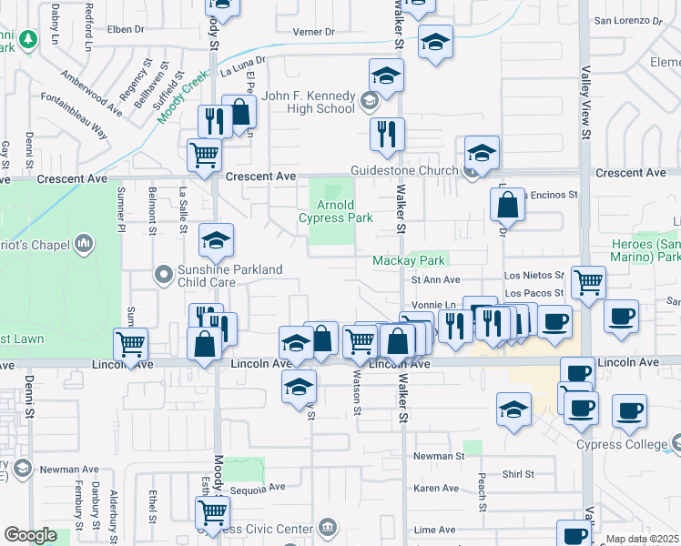 map of restaurants, bars, coffee shops, grocery stores, and more near 5352 Delong Street in Cypress