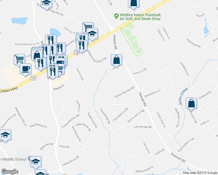 map of restaurants, bars, coffee shops, grocery stores, and more near 2344 Oakland Spring Drive in Snellville