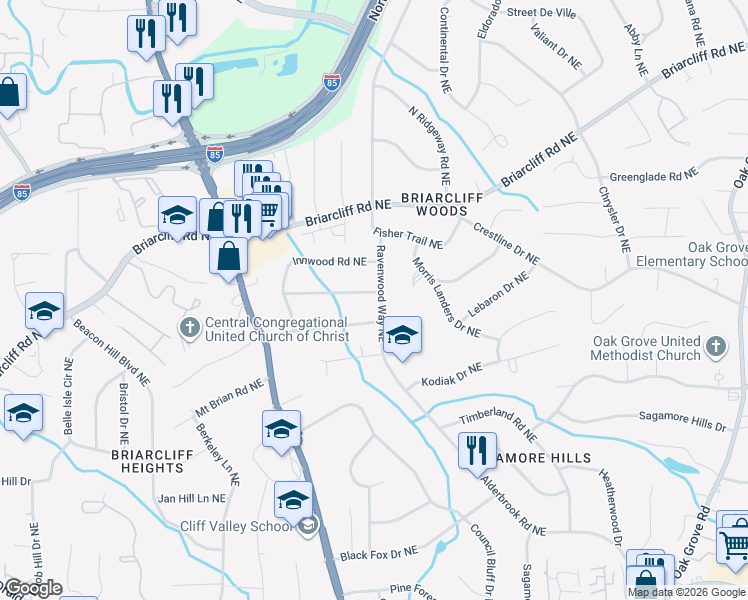 map of restaurants, bars, coffee shops, grocery stores, and more near 2039 Woodbine Terrace Northeast in Atlanta