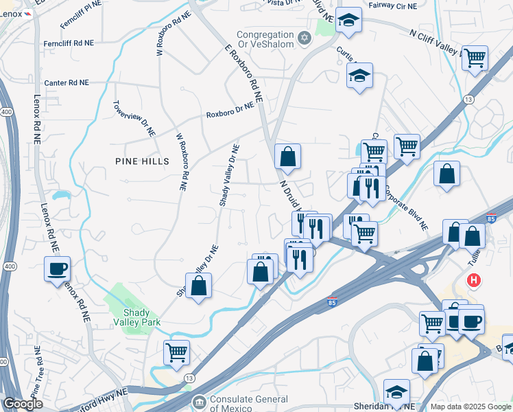 map of restaurants, bars, coffee shops, grocery stores, and more near 1820 Buckhead Valley Lane Northeast in Atlanta