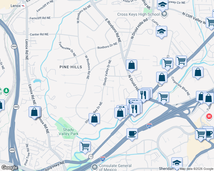 map of restaurants, bars, coffee shops, grocery stores, and more near 1829 Buckhead Lane Northeast in Atlanta