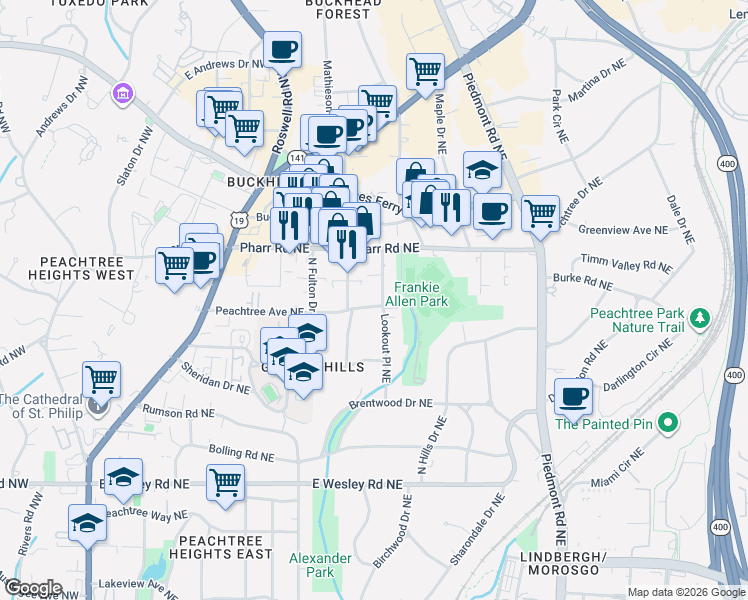 map of restaurants, bars, coffee shops, grocery stores, and more near 2968 Lookout Place Northeast in Atlanta