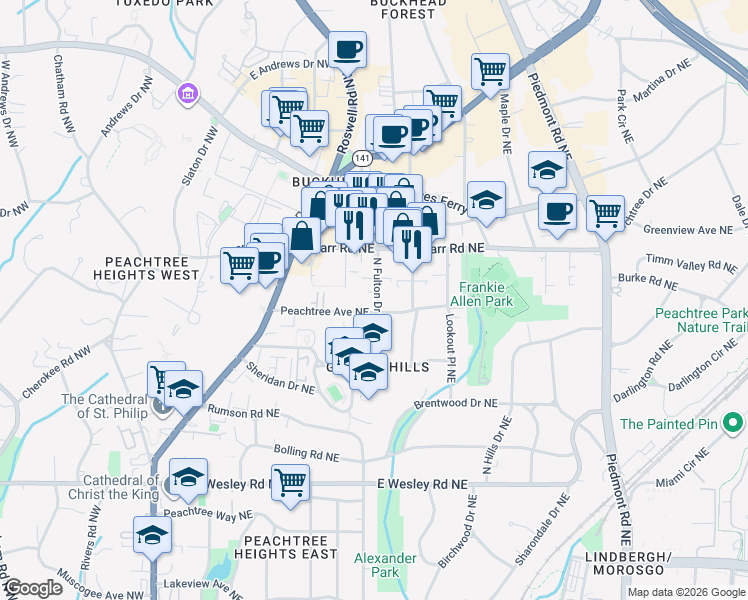 map of restaurants, bars, coffee shops, grocery stores, and more near 40 Peachtree Avenue Northeast in Atlanta