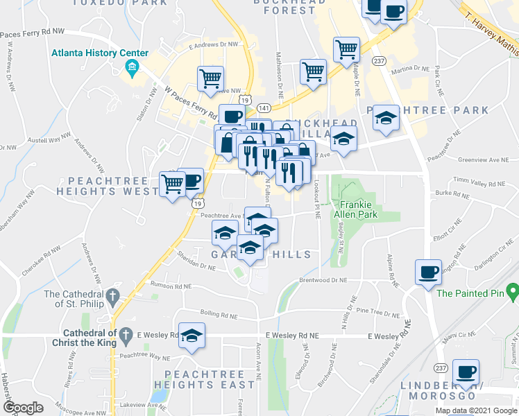 map of restaurants, bars, coffee shops, grocery stores, and more near 40 Peachtree Avenue Northeast in Atlanta