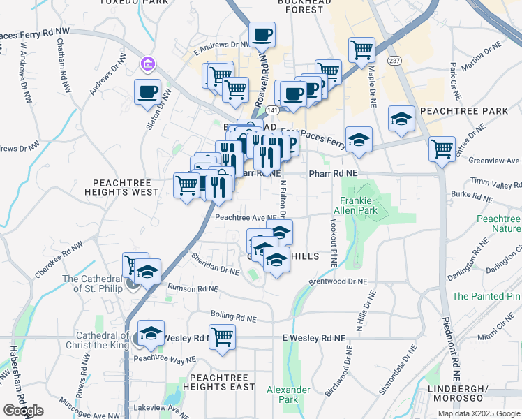 map of restaurants, bars, coffee shops, grocery stores, and more near 32 Peachtree Avenue Northeast in Atlanta