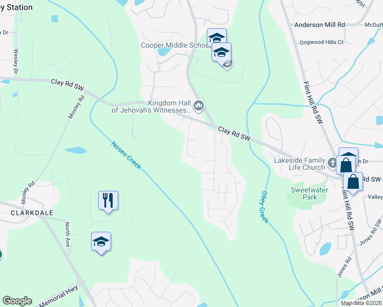 map of restaurants, bars, coffee shops, grocery stores, and more near 3415 Cypress Club Trail in Austell
