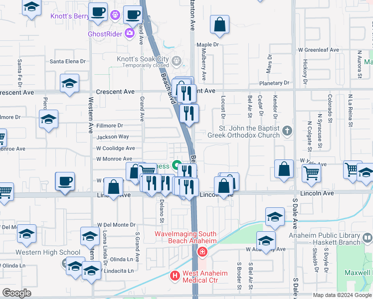 map of restaurants, bars, coffee shops, grocery stores, and more near 420 Santa Maria Street in Anaheim
