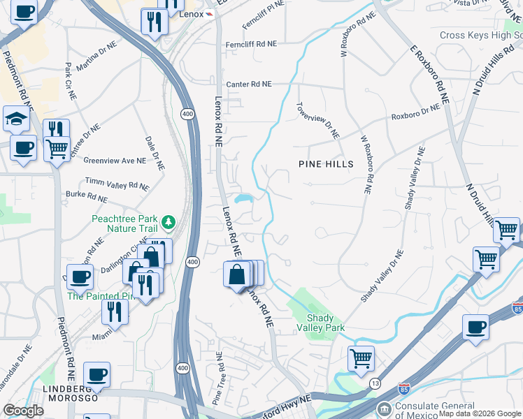 map of restaurants, bars, coffee shops, grocery stores, and more near 28207 Plantation Drive Northeast in Atlanta