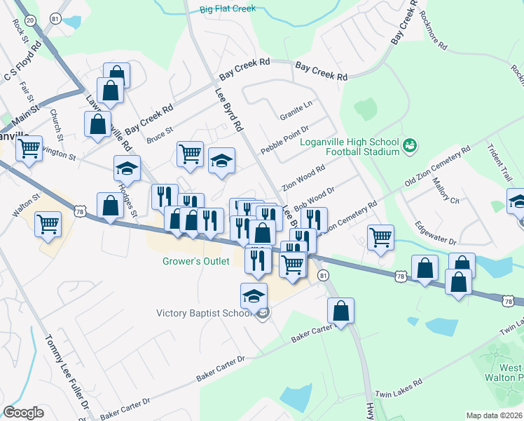 map of restaurants, bars, coffee shops, grocery stores, and more near 122 Perry Street in Loganville