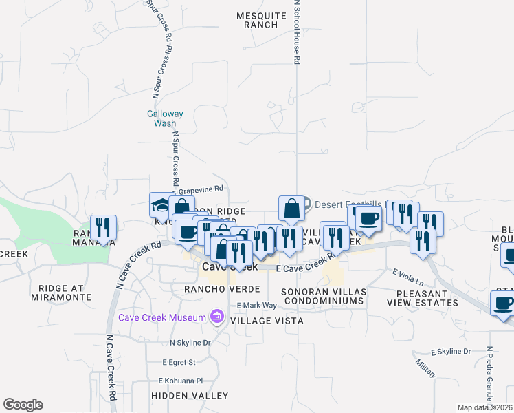 map of restaurants, bars, coffee shops, grocery stores, and more near 38442 North Basin Road in Cave Creek