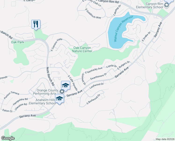 map of restaurants, bars, coffee shops, grocery stores, and more near 6725 East Kentucky Avenue in Anaheim
