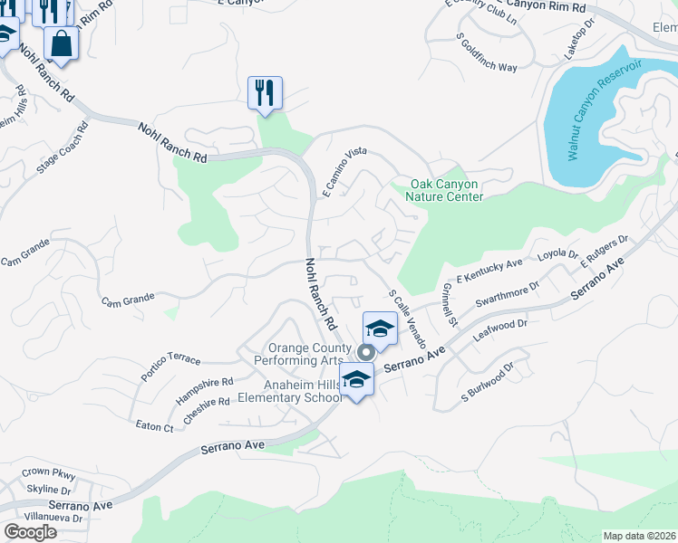 map of restaurants, bars, coffee shops, grocery stores, and more near 6535 East Paseo El Greco in Anaheim