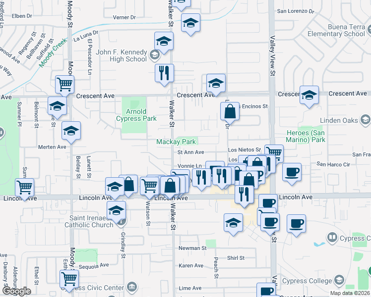 map of restaurants, bars, coffee shops, grocery stores, and more near 8748 Walker Street in Cypress