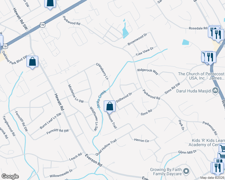 map of restaurants, bars, coffee shops, grocery stores, and more near 2521 Broadmoor Court in Snellville