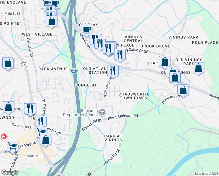 map of restaurants, bars, coffee shops, grocery stores, and more near 4852 Payson Terrace Southeast in Atlanta