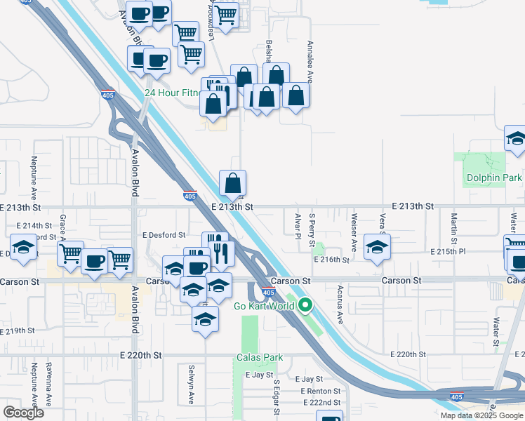 map of restaurants, bars, coffee shops, grocery stores, and more near 1029 East Silvan Place in Carson