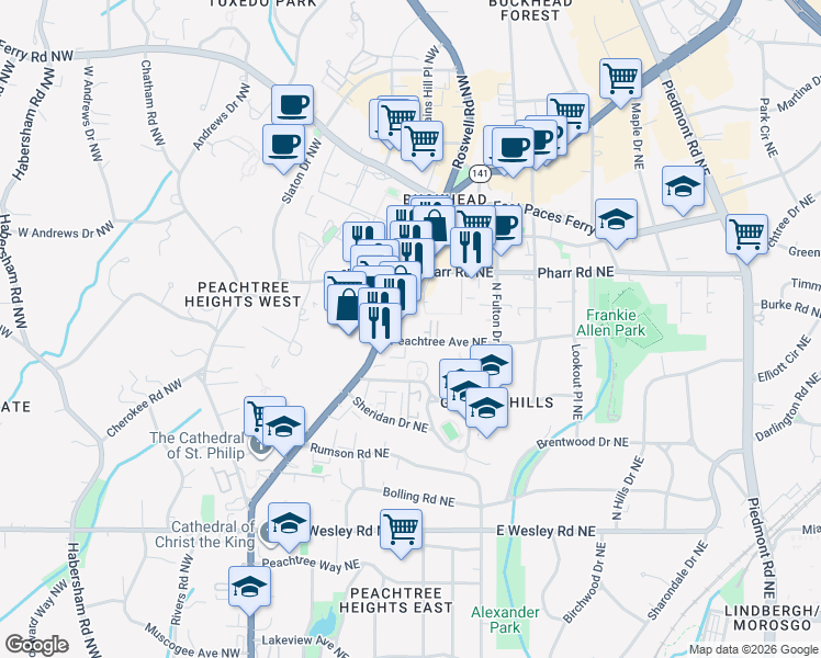 map of restaurants, bars, coffee shops, grocery stores, and more near 12 Peachtree Avenue Northeast in Atlanta