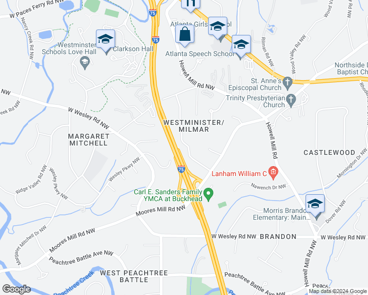 map of restaurants, bars, coffee shops, grocery stores, and more near 2930 Margaret Mitchell Court Northwest in Atlanta