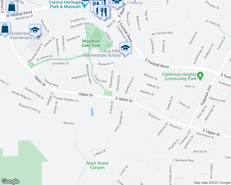 map of restaurants, bars, coffee shops, grocery stores, and more near 3568 Birchleaf Drive in Corona