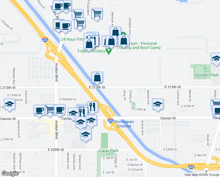 map of restaurants, bars, coffee shops, grocery stores, and more near 1029 East Silvan Place in Carson