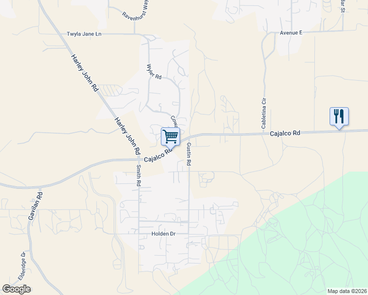 map of restaurants, bars, coffee shops, grocery stores, and more near 19590 Gustin Road in Perris