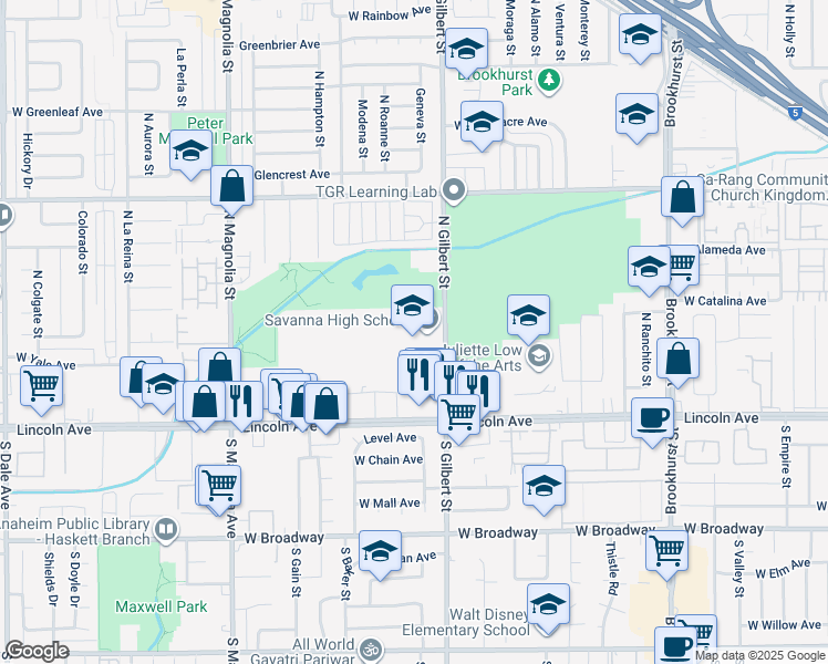 map of restaurants, bars, coffee shops, grocery stores, and more near 301 North Gilbert Street in Anaheim