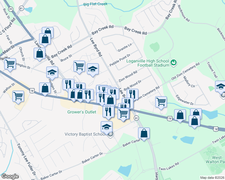 map of restaurants, bars, coffee shops, grocery stores, and more near 122 Perry Street in Loganville