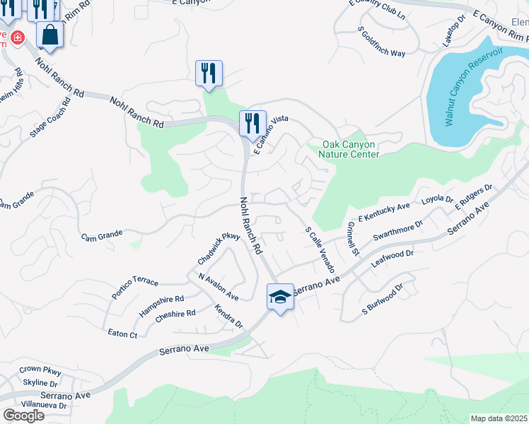 map of restaurants, bars, coffee shops, grocery stores, and more near 6535 East Paseo El Greco in Anaheim
