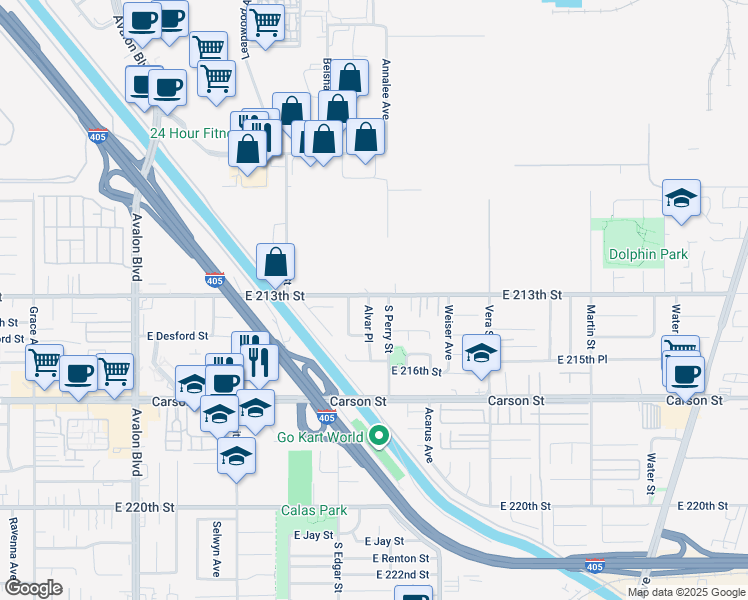 map of restaurants, bars, coffee shops, grocery stores, and more near 21302 Alvar Place in Carson