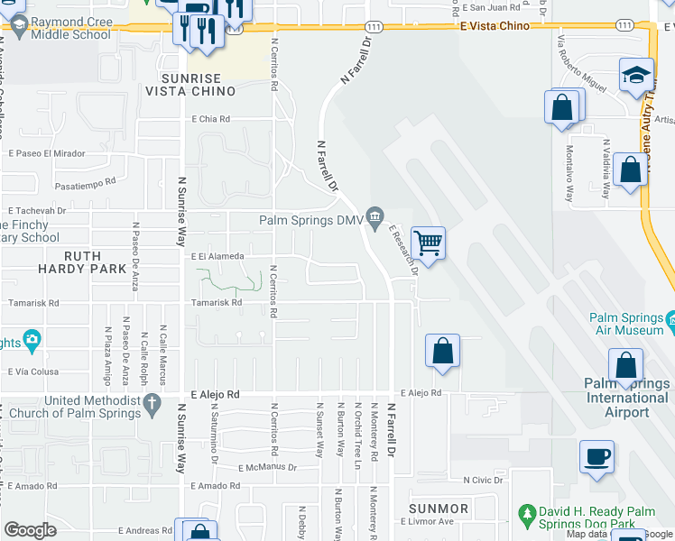 map of restaurants, bars, coffee shops, grocery stores, and more near 2413 East El Alameda in Palm Springs