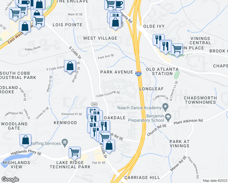 map of restaurants, bars, coffee shops, grocery stores, and more near Cobb Crossing Southeast in Smyrna