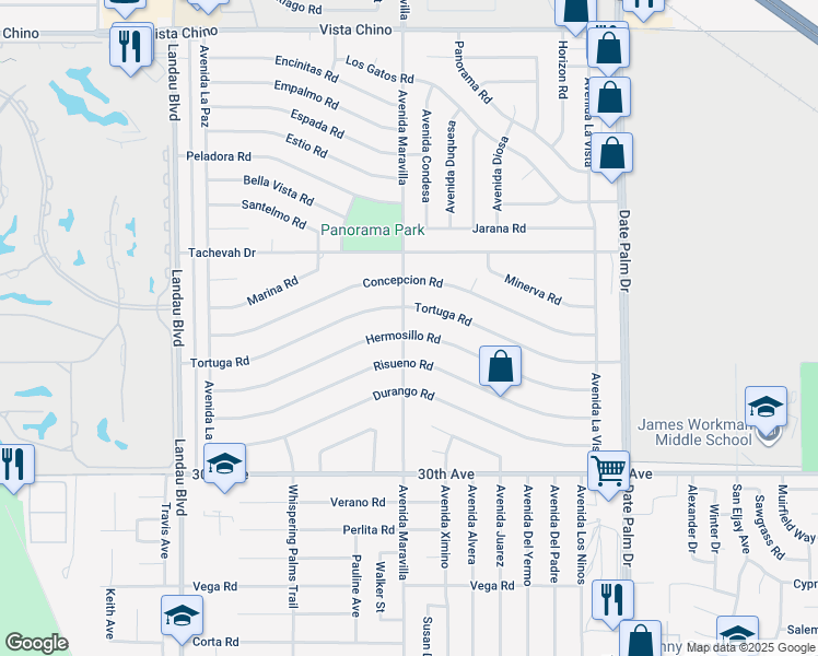 map of restaurants, bars, coffee shops, grocery stores, and more near 68555 Tortuga Road in Cathedral City
