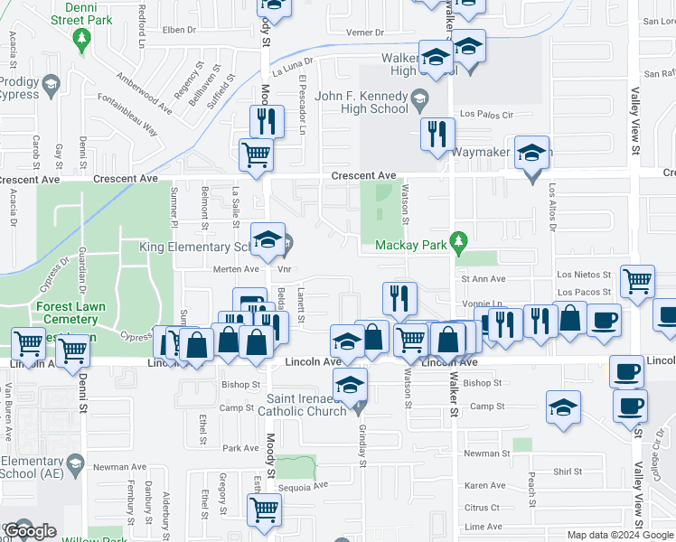 map of restaurants, bars, coffee shops, grocery stores, and more near 5191 New York Avenue in Cypress