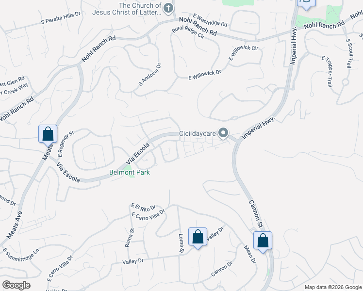 map of restaurants, bars, coffee shops, grocery stores, and more near 4926 East Ashford Avenue in Orange