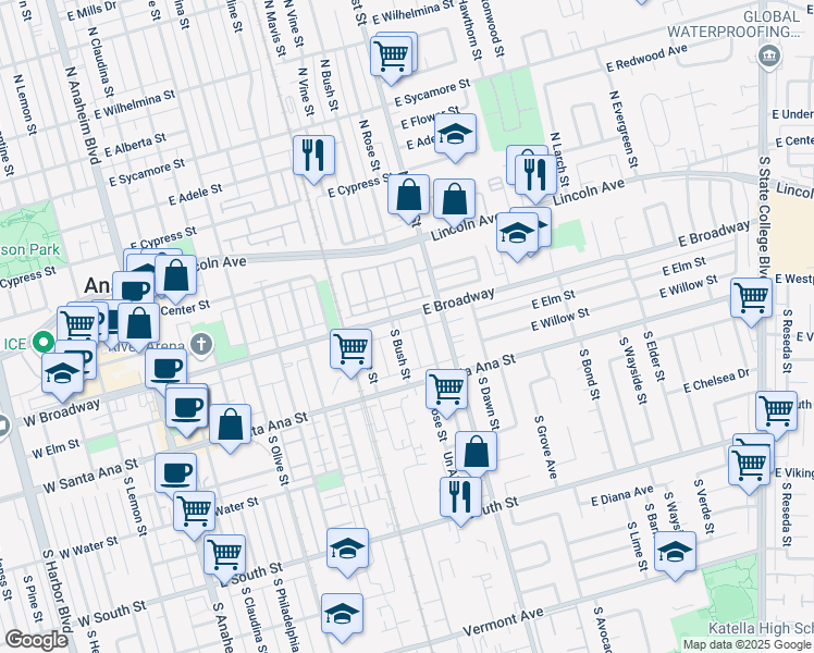 map of restaurants, bars, coffee shops, grocery stores, and more near 1020 East Broadway in Anaheim