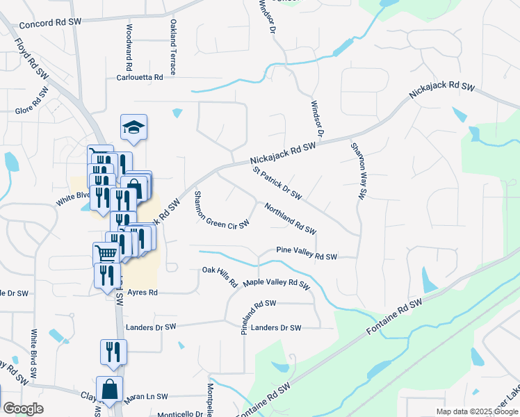 map of restaurants, bars, coffee shops, grocery stores, and more near 631 Shannon Green Circle Southwest in Mableton