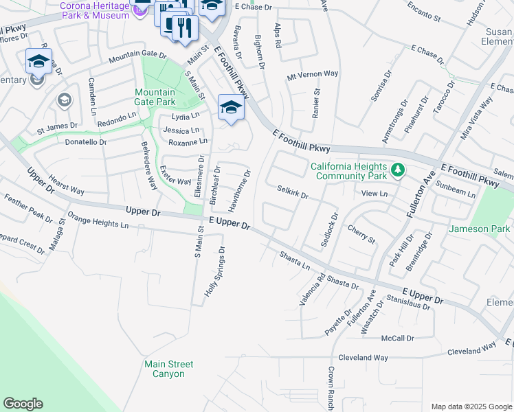 map of restaurants, bars, coffee shops, grocery stores, and more near 3636 Allegheny Street in Corona