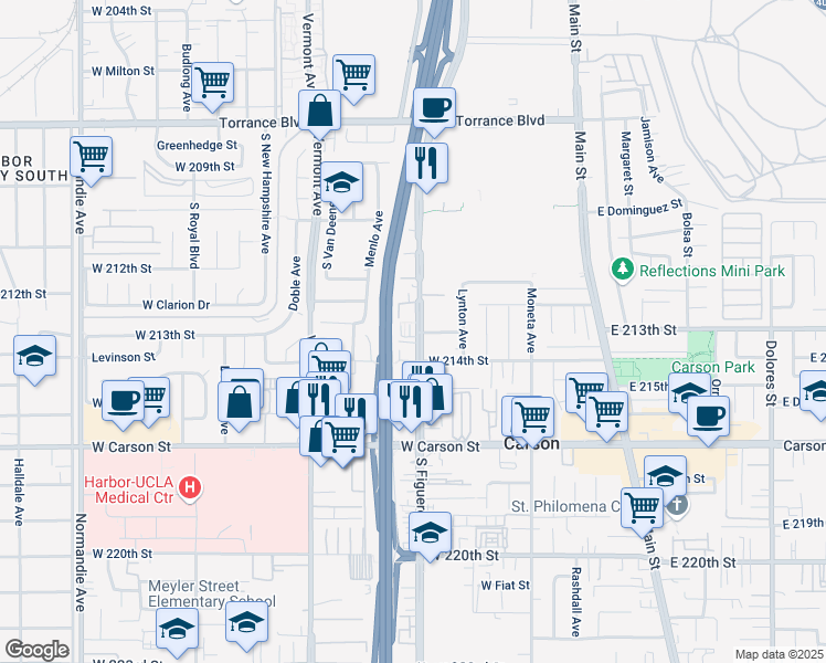 map of restaurants, bars, coffee shops, grocery stores, and more near 21249 South Figueroa Street in Carson
