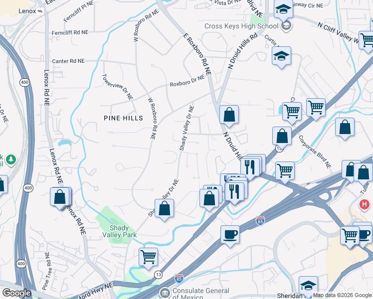map of restaurants, bars, coffee shops, grocery stores, and more near 1829 Buckhead Lane Northeast in Atlanta