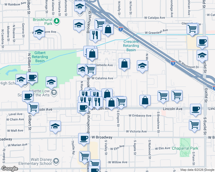 map of restaurants, bars, coffee shops, grocery stores, and more near 2116 West Sunrise Avenue in Anaheim