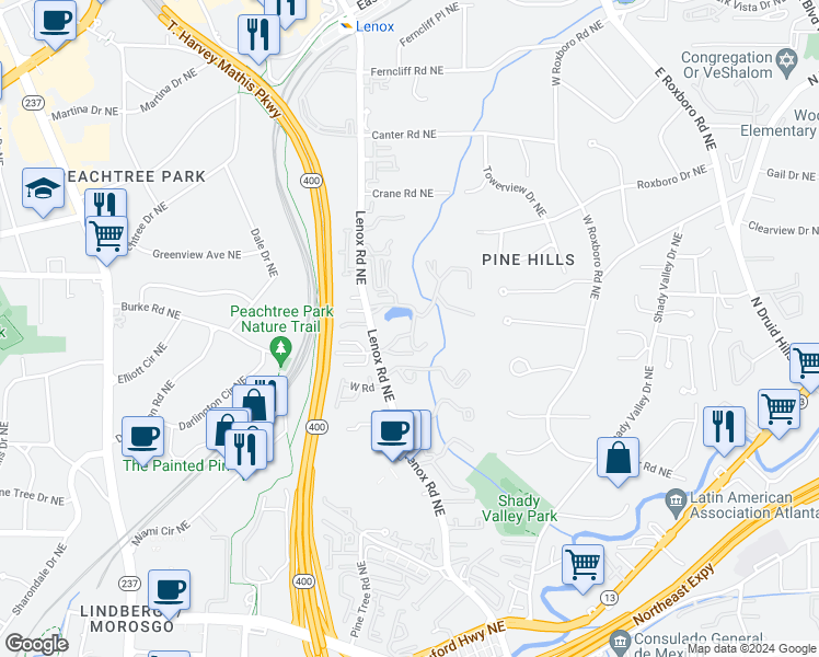 map of restaurants, bars, coffee shops, grocery stores, and more near 28106 Plantation Drive Northeast in Atlanta