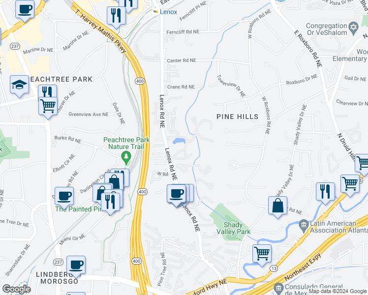 map of restaurants, bars, coffee shops, grocery stores, and more near 28414 Plantation Drive Northeast in Atlanta