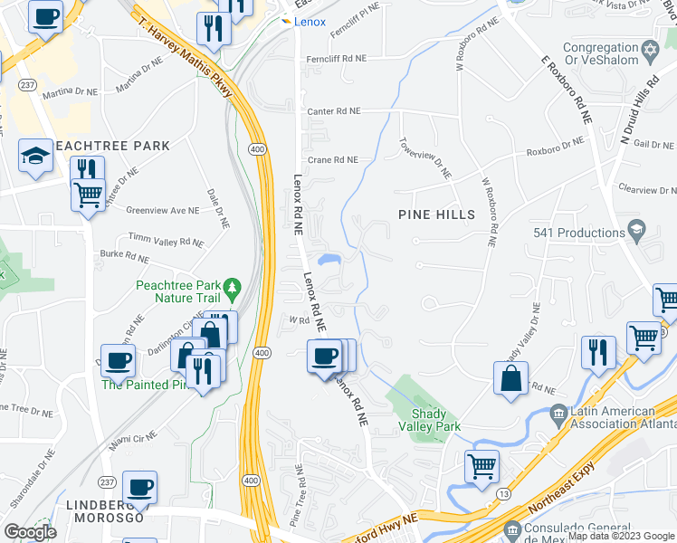 map of restaurants, bars, coffee shops, grocery stores, and more near 28201 Plantation Drive Northeast in Atlanta