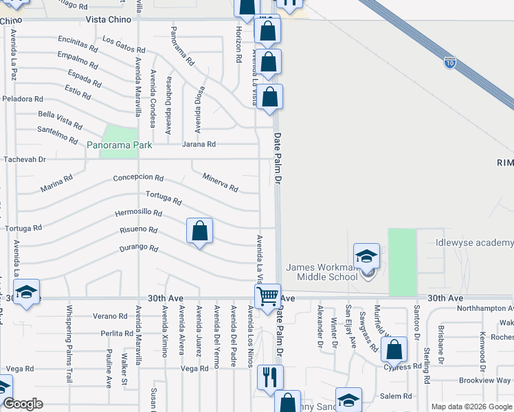 map of restaurants, bars, coffee shops, grocery stores, and more near 68935 Minerva Road in Cathedral City