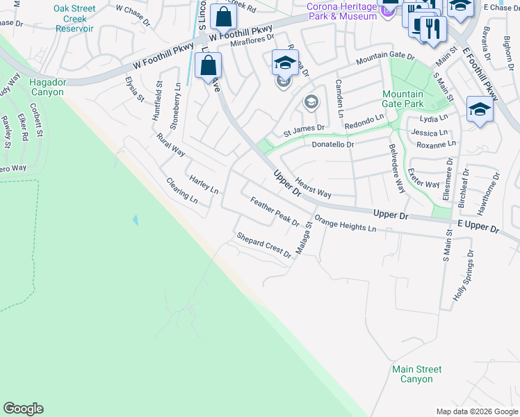 map of restaurants, bars, coffee shops, grocery stores, and more near 906 Feather Peak Drive in Corona