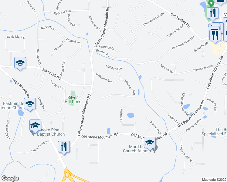 map of restaurants, bars, coffee shops, grocery stores, and more near 6063 Millstone Run in Stone Mountain
